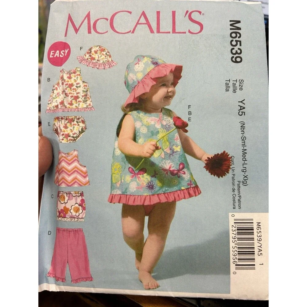McCall's M6539 Infant Baby Sewing Pattern NB-XL Top Bloomers Hat Pants